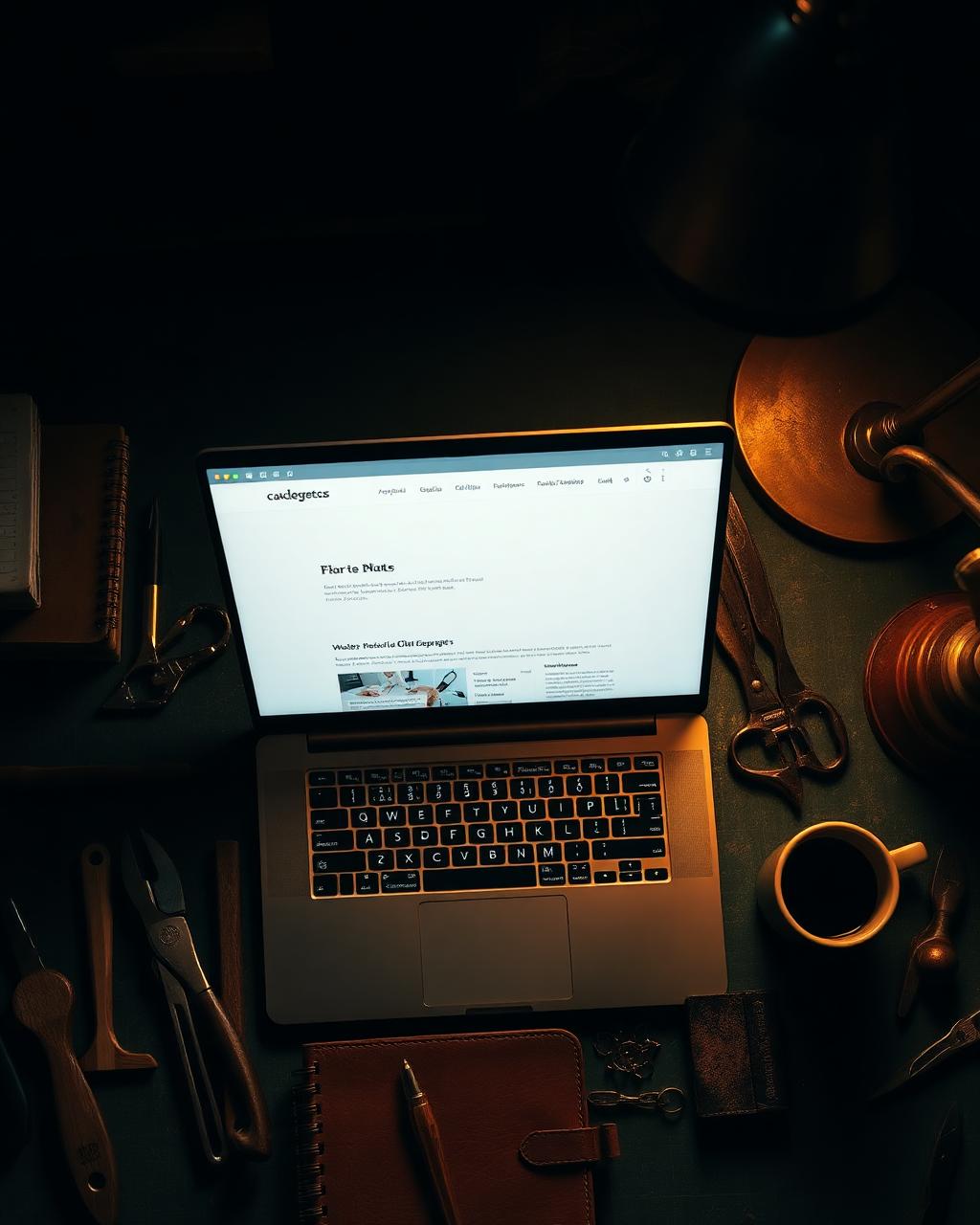 A craftsperson's workbench with a laptop, tools and a notebook under a warm desk lamp